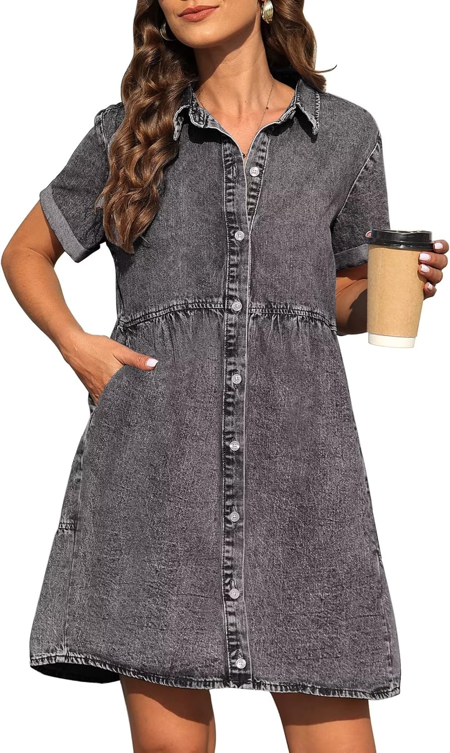KDF Denim Dress for Women with Pockets Short Sleeve Babydoll Denim Shirt Dresses for Women 2023