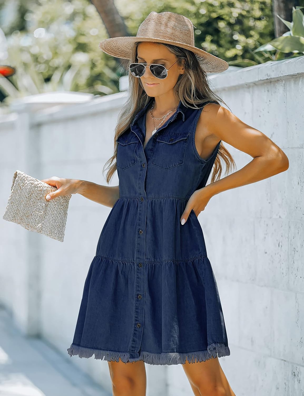 luvamia Women's Casual Summer Lapel Sleeveless Button Down Short Denim Jean Dress