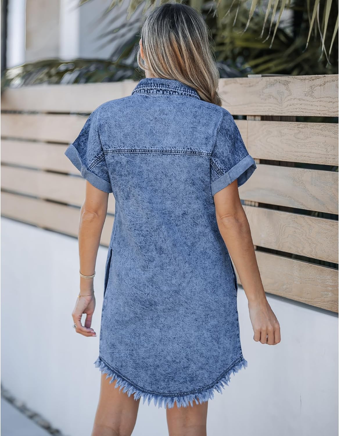 luvamia Denim Dress for Women Button Down Short Sleeves Casual Summer Jean Shirt Dresses with Pockets Frayed Hem