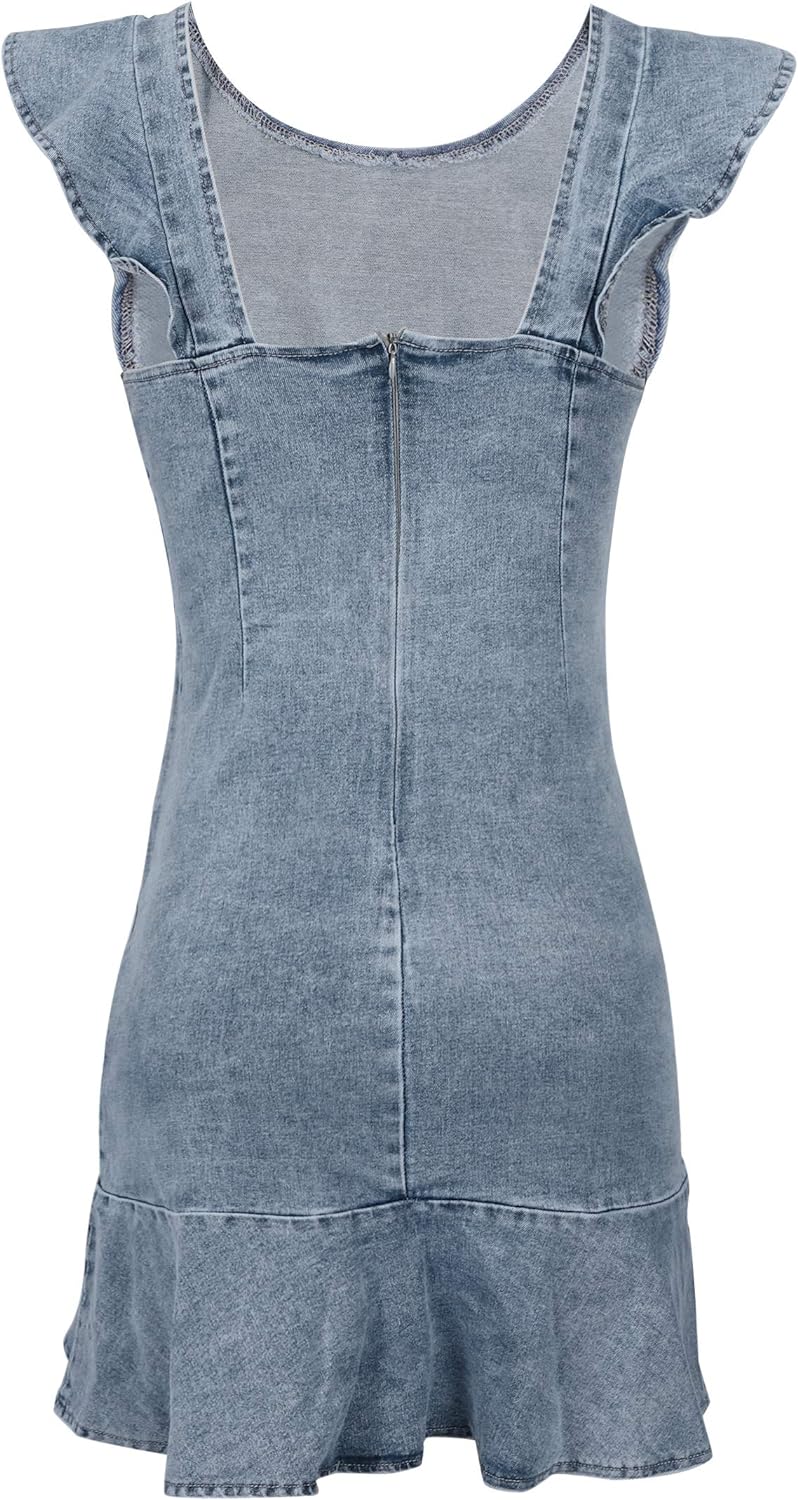 MYHALF Women's Casual Round Neck Ruffle Trim Sleeveless Denim A Line Mini Dress