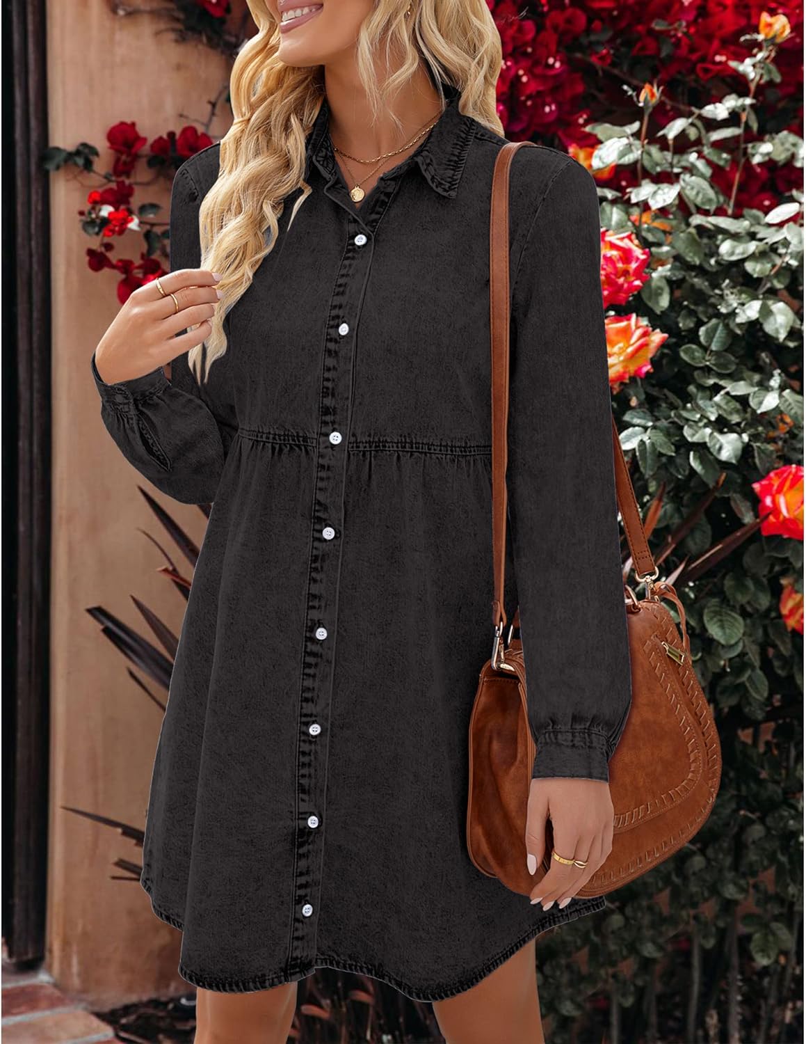 luvamia Denim Dress for Women Babydoll Flowy Cute Jean Shirt Dresses Long Sleeves
