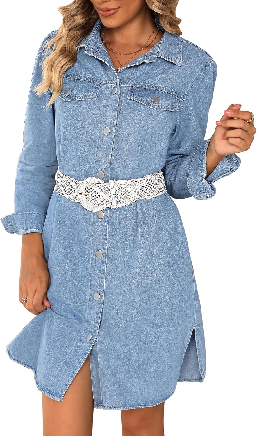 luvamia Denim Dress for Women 2024 Jean Spring Dresses Cowgirl Western Casual Long Sleeve Button Down Dress with Pockets