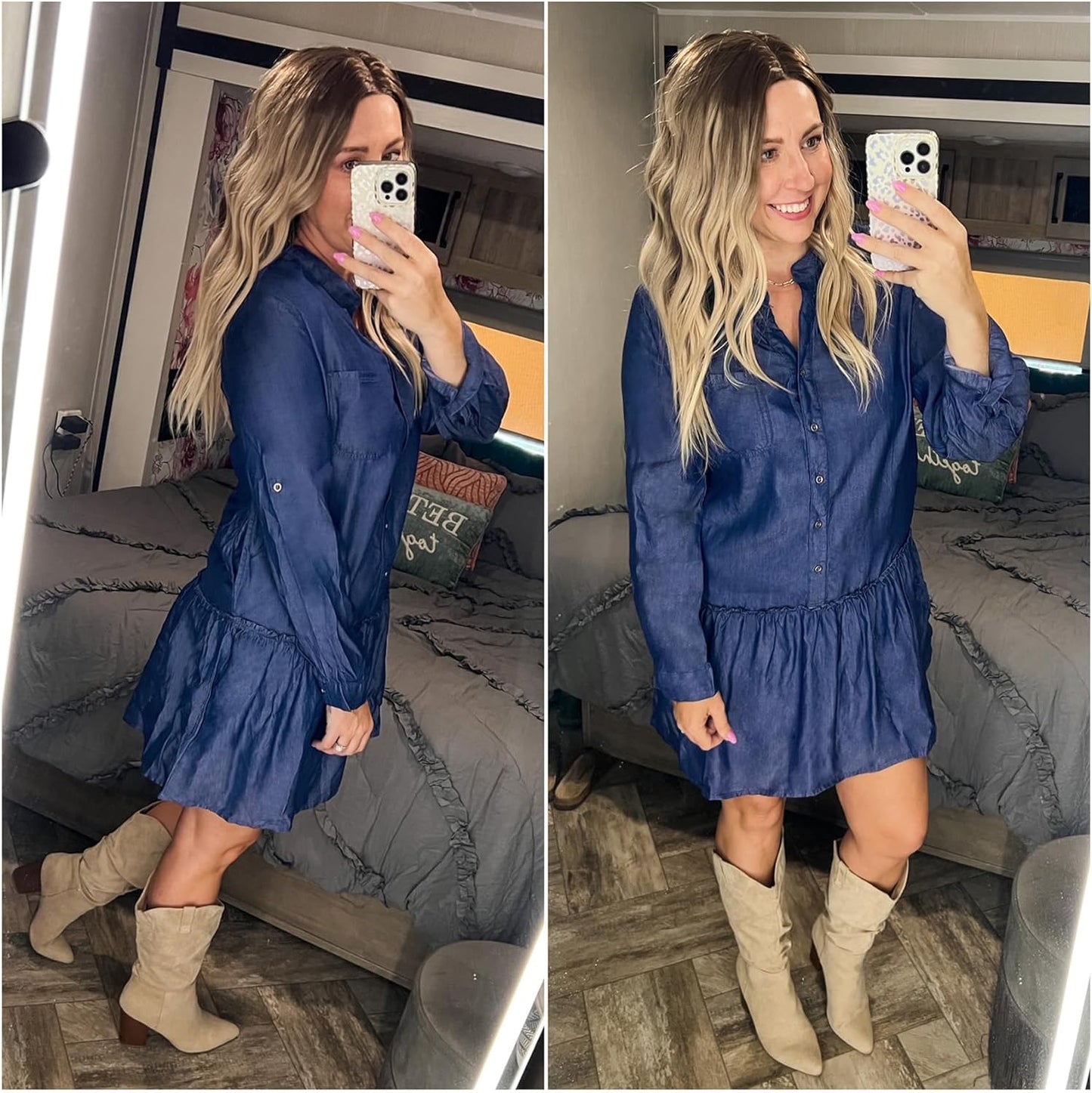 luvamia Denim Dress for Women Long Sleeve Shift Button Down Ruffle Jean Dresses Chambray Western Short Dresses Pockets