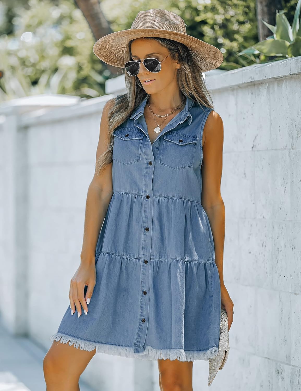 luvamia Women's Casual Summer Lapel Sleeveless Button Down Short Denim Jean Dress