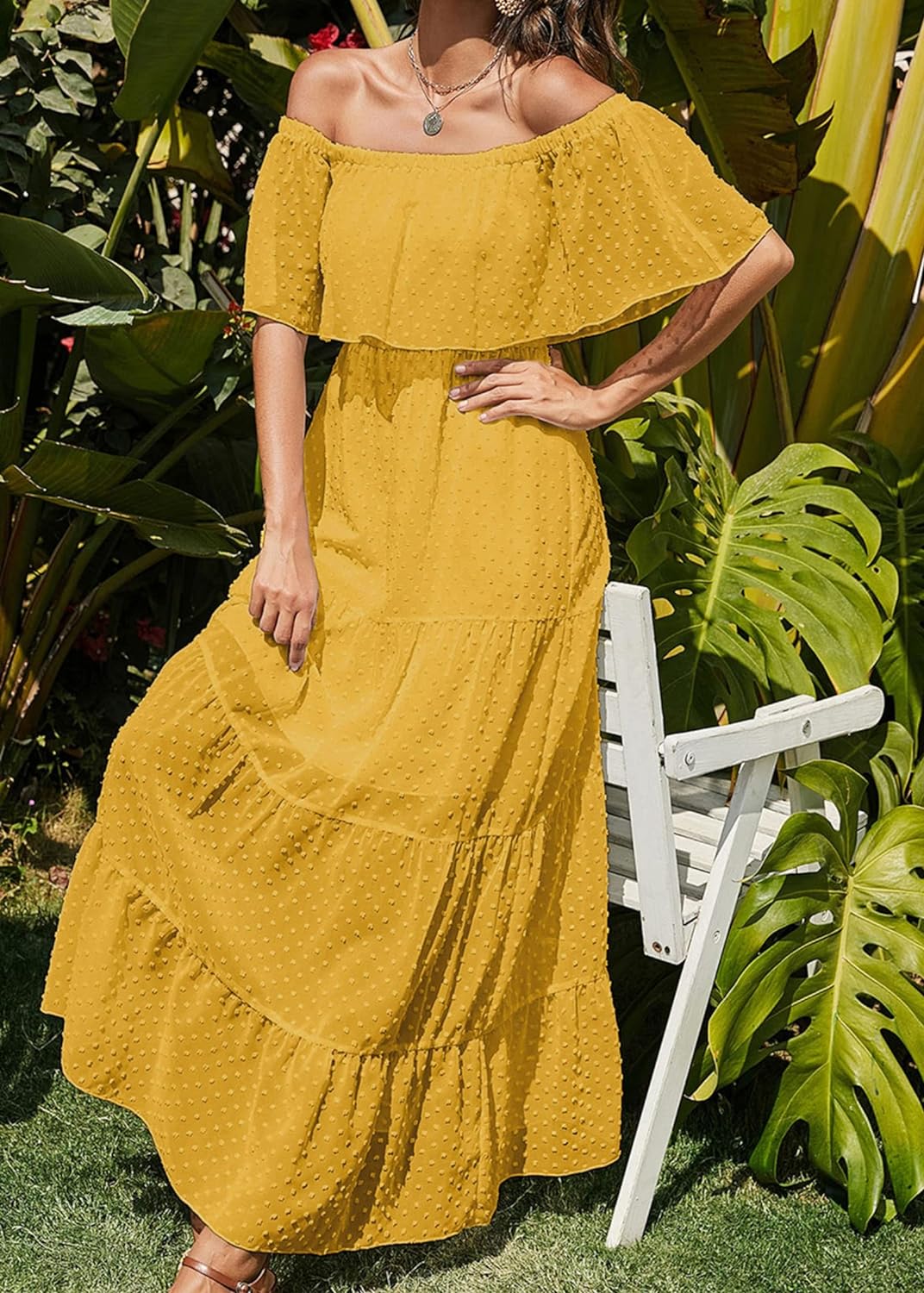 KIRUNDO Women's 2024 Summer Off Shoulder Maxi Dress Swiss Dot Short Sleeve High Waist Ruffle Tiered Flowy Long Dresses