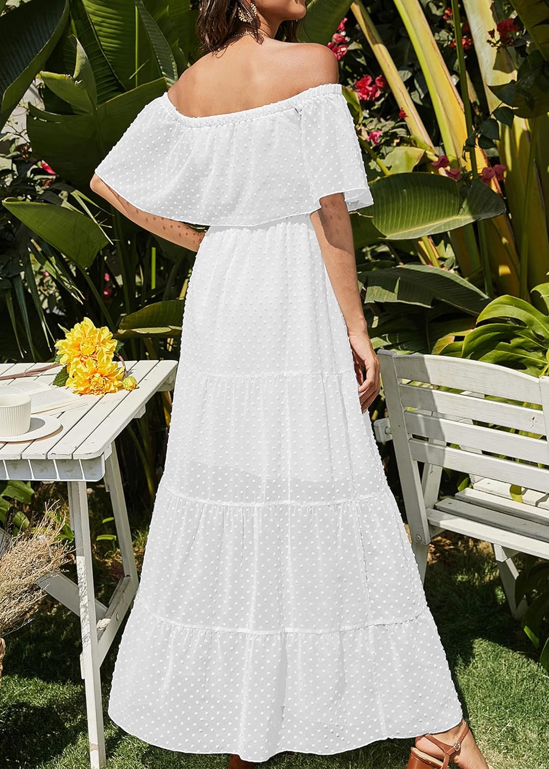 KIRUNDO Women's 2024 Summer Off Shoulder Maxi Dress Swiss Dot Short Sleeve High Waist Ruffle Tiered Flowy Long Dresses