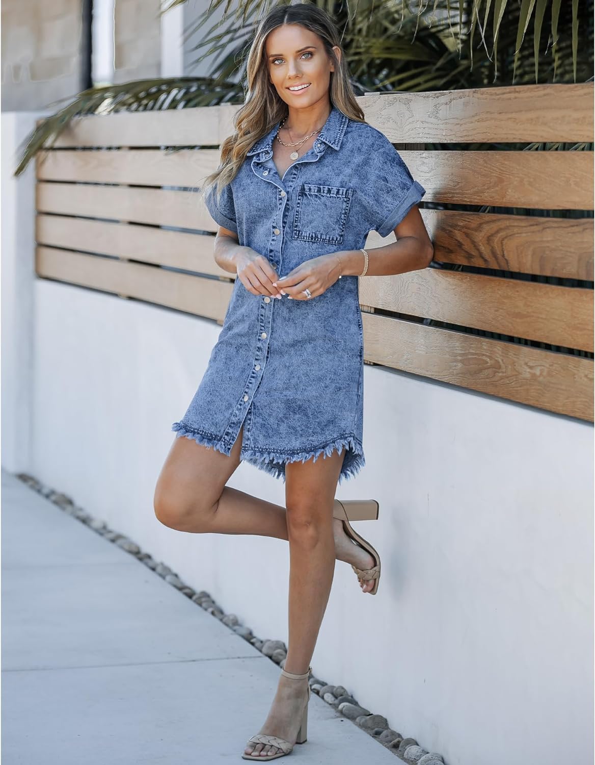 luvamia Denim Dress for Women Button Down Short Sleeves Casual Summer Jean Shirt Dresses with Pockets Frayed Hem
