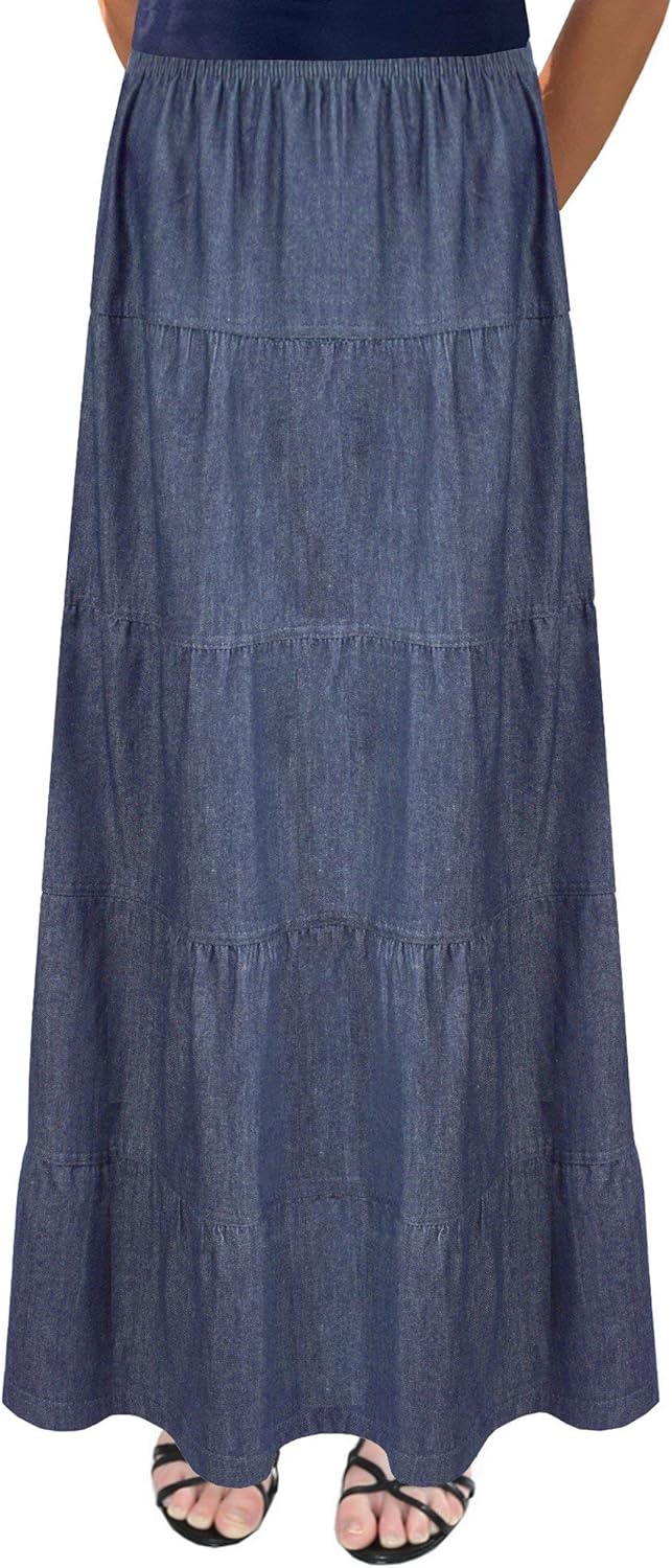 Baby'O Women's Ankle Length Tiered Long Denim Prairie Skirt