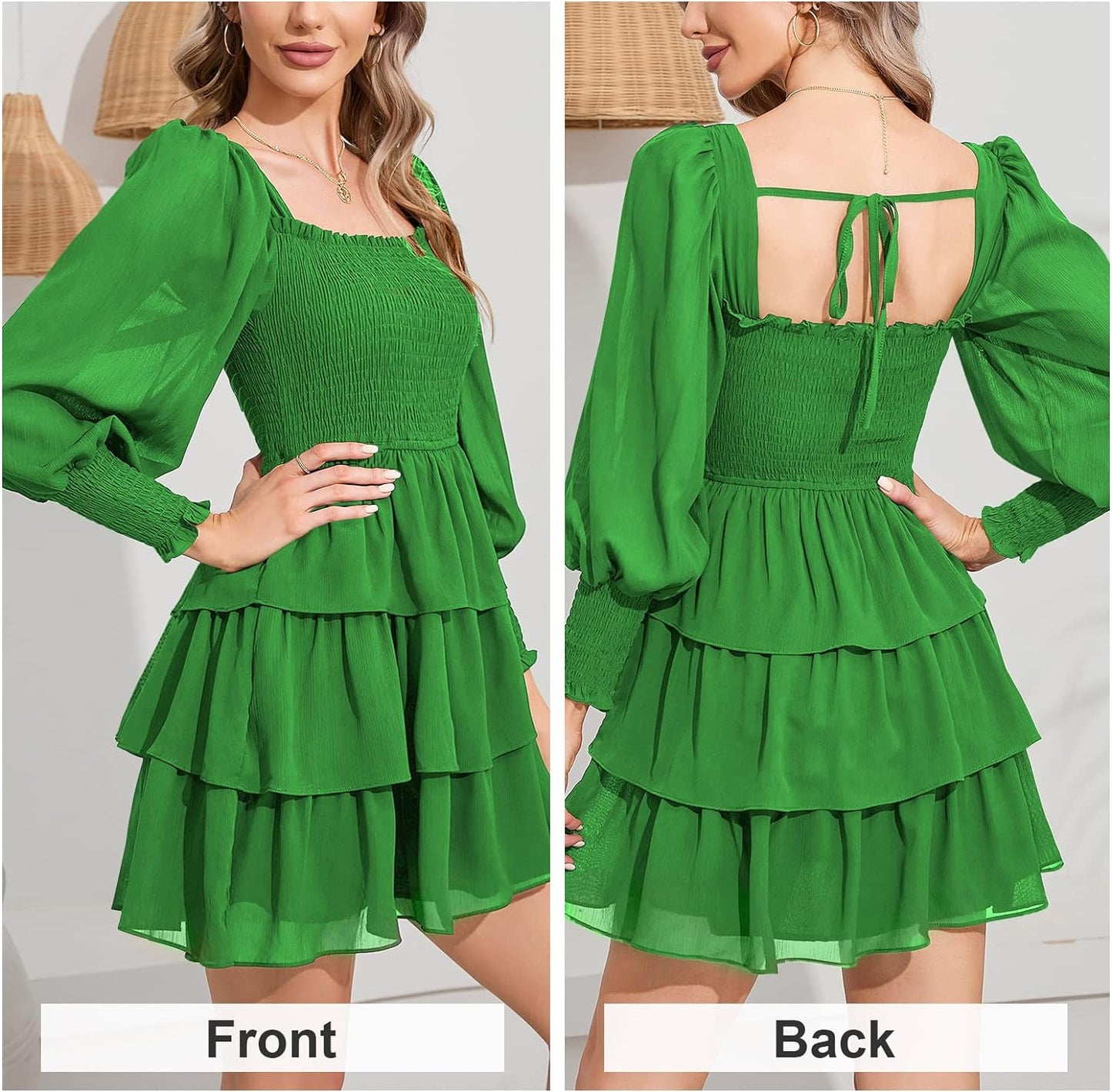 Byinns Women's 2024 Square Neck Ruffle Dress Long Sleeve Floral Print Tiered Tie Back Layered Swing Mini Dress