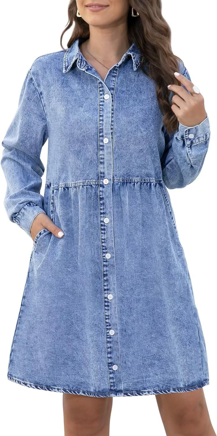 KDF Denim Dress for Women with Pockets Short Sleeve Babydoll Denim Shirt Dresses for Women 2023
