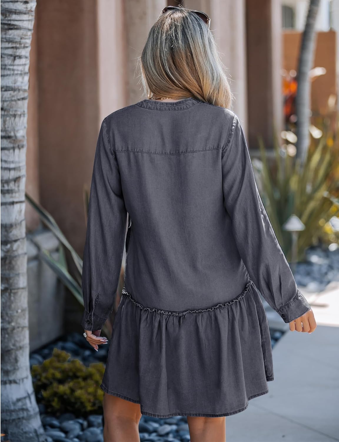 luvamia Denim Dress for Women Long Sleeve Shift Button Down Ruffle Jean Dresses Chambray Western Short Dresses Pockets