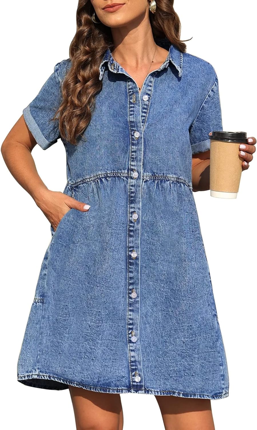 KDF Denim Dress for Women with Pockets Short Sleeve Babydoll Denim Shirt Dresses for Women 2023