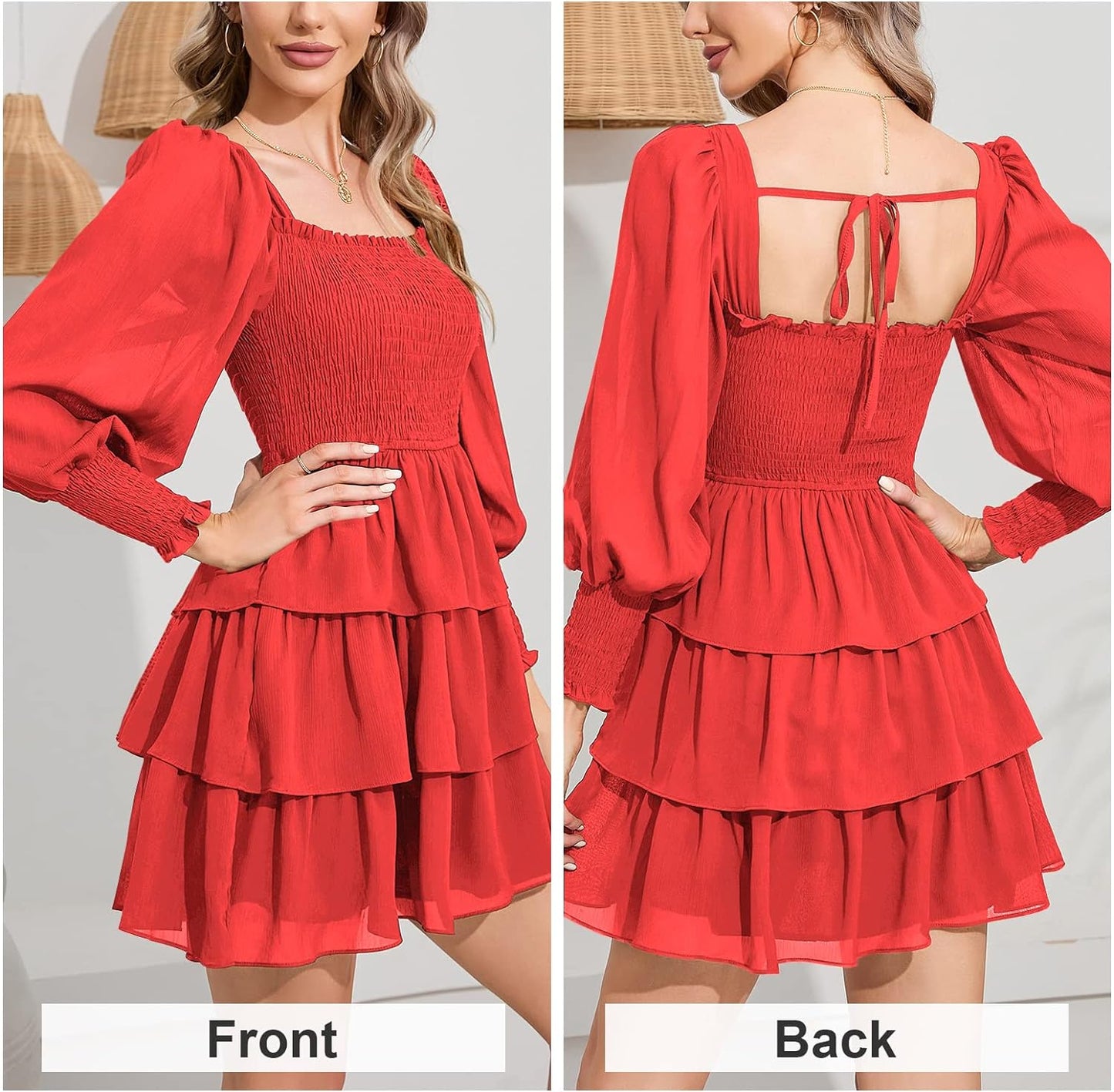 Byinns Women's 2024 Square Neck Ruffle Dress Long Sleeve Floral Print Tiered Tie Back Layered Swing Mini Dress