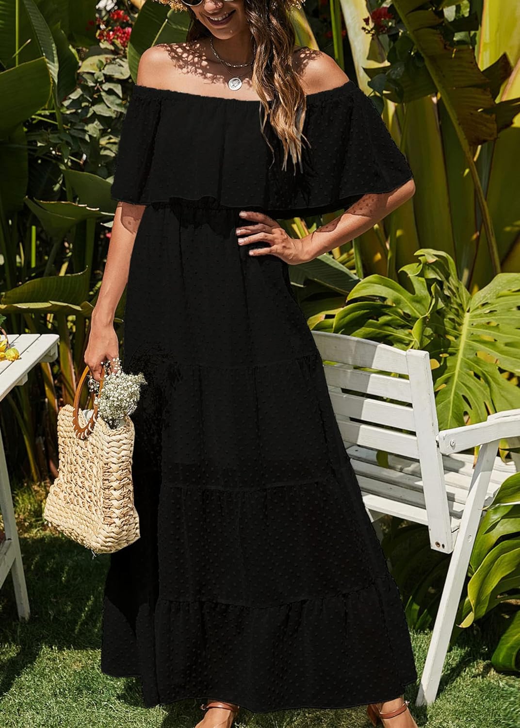 KIRUNDO Women's 2024 Summer Off Shoulder Maxi Dress Swiss Dot Short Sleeve High Waist Ruffle Tiered Flowy Long Dresses