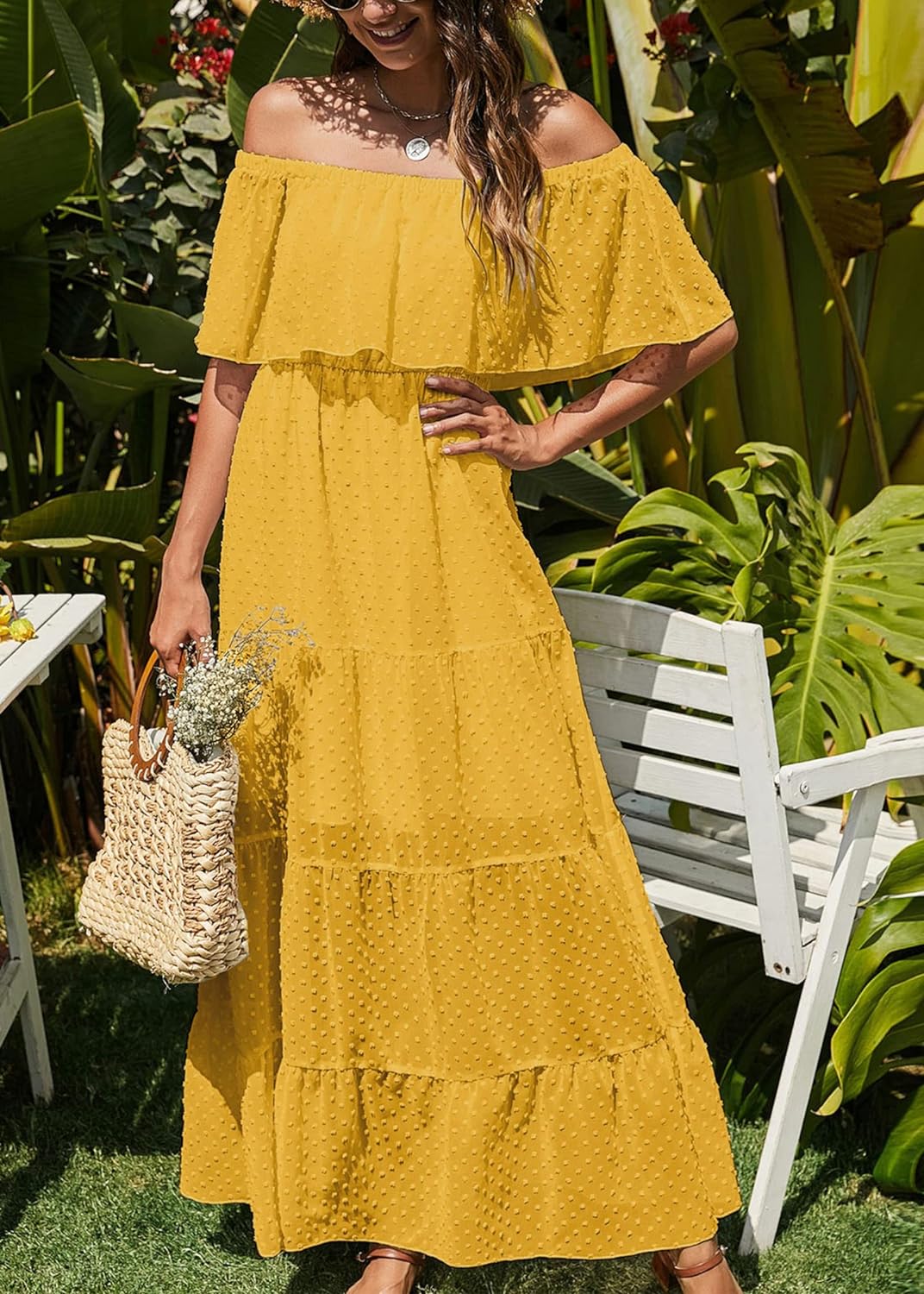 KIRUNDO Women's 2024 Summer Off Shoulder Maxi Dress Swiss Dot Short Sleeve High Waist Ruffle Tiered Flowy Long Dresses