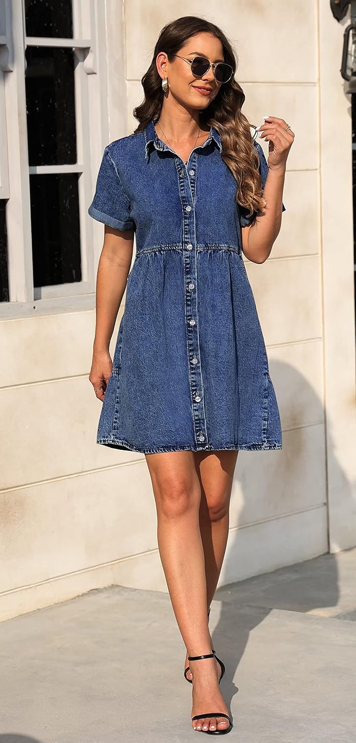 KDF Denim Dress for Women with Pockets Short Sleeve Babydoll Denim Shirt Dresses for Women 2023