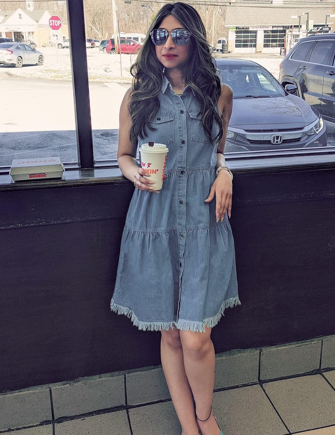 luvamia Women's Casual Summer Lapel Sleeveless Button Down Short Denim Jean Dress