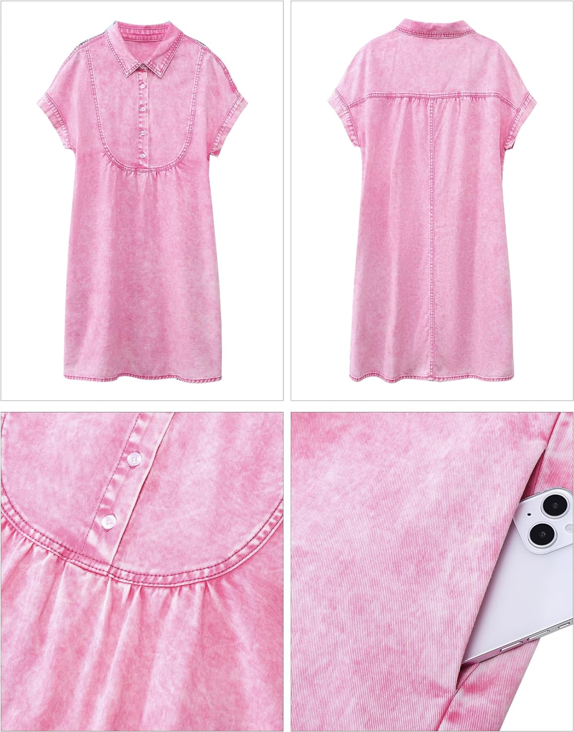 luvamia Denim Dress for Women Summer Short Sleeve Button Down Collared Pleated Western Jean Dresses with Pockets Relaxed