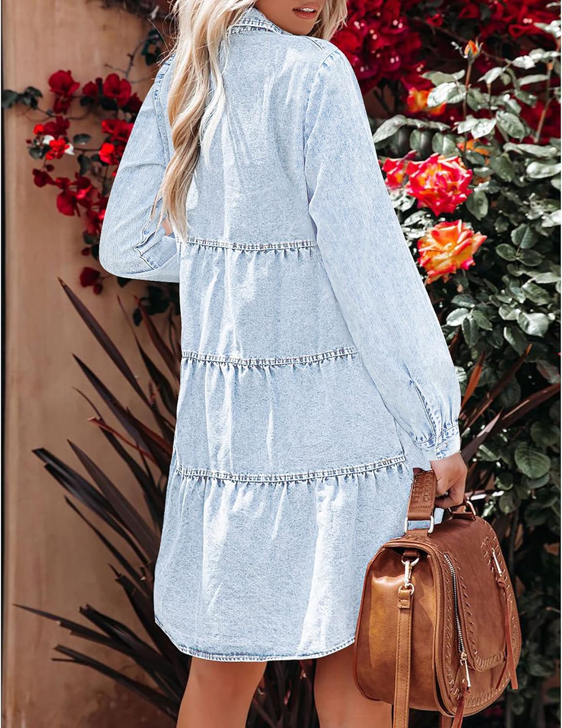 luvamia Denim Dress for Women Babydoll Flowy Cute Jean Shirt Dresses Long Sleeves