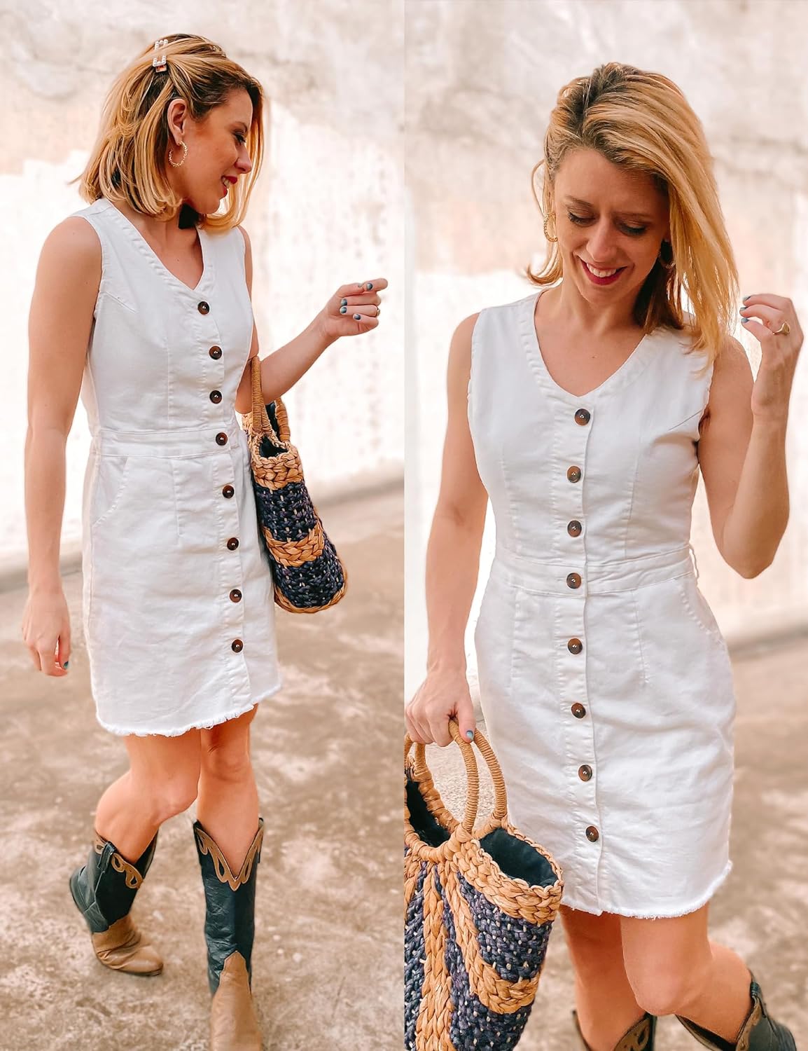 luvamia Women's Casual V Neck Sleeveless Jeans Button Down Denim Short Dress