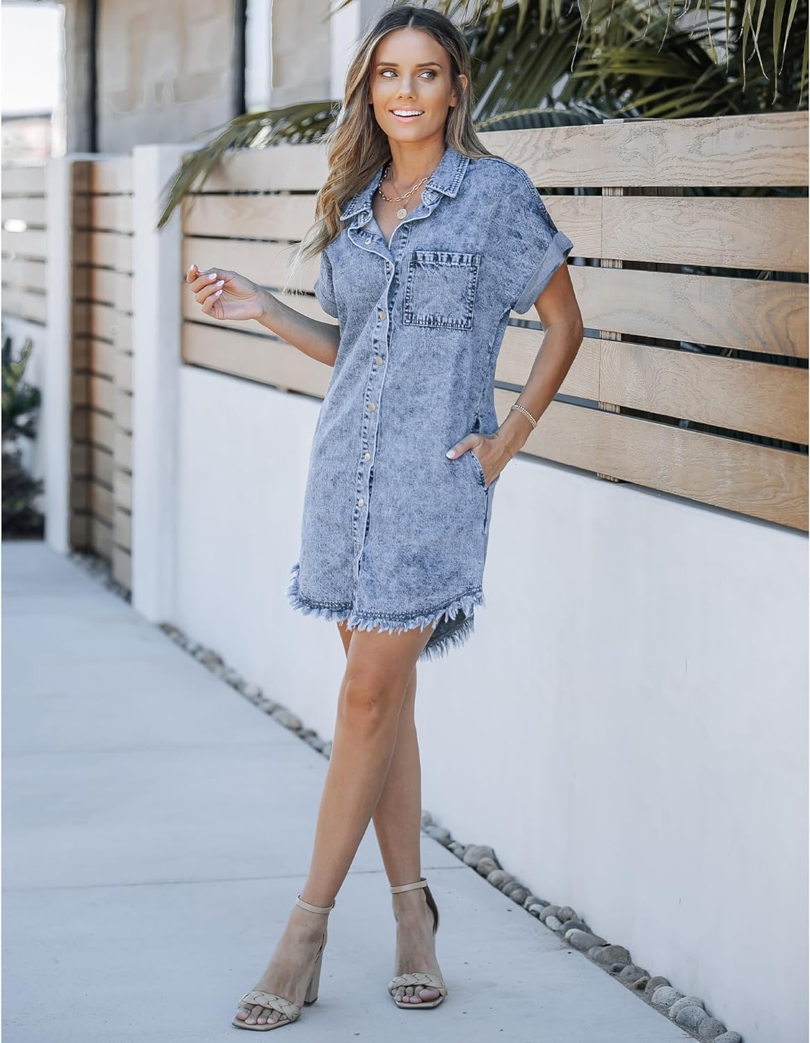 luvamia Denim Dress for Women Button Down Short Sleeves Casual Summer Jean Shirt Dresses with Pockets Frayed Hem