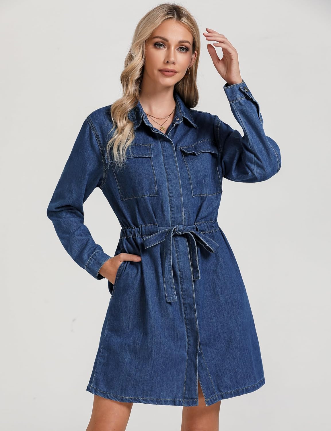luvamia Denim Dress for Women Long Sleeve Jean Button Down Shirt Dresses with Pockets Casual Fashion Shift Short Dress