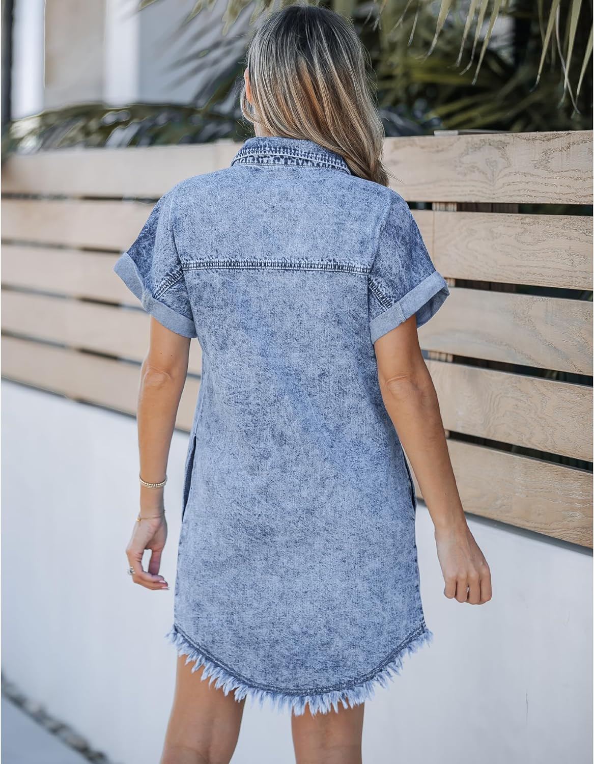 luvamia Denim Dress for Women Button Down Short Sleeves Casual Summer Jean Shirt Dresses with Pockets Frayed Hem
