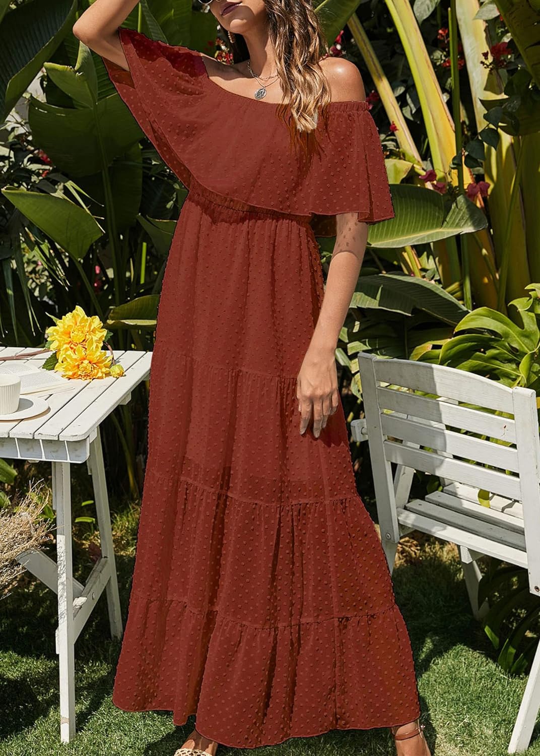 KIRUNDO Women's 2024 Summer Off Shoulder Maxi Dress Swiss Dot Short Sleeve High Waist Ruffle Tiered Flowy Long Dresses