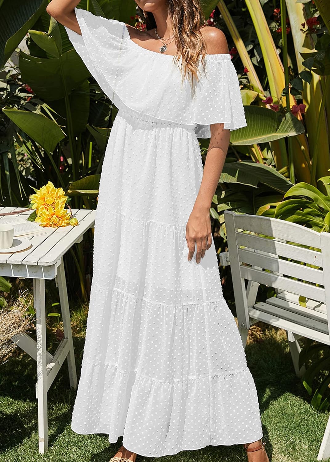 KIRUNDO Women's 2024 Summer Off Shoulder Maxi Dress Swiss Dot Short Sleeve High Waist Ruffle Tiered Flowy Long Dresses