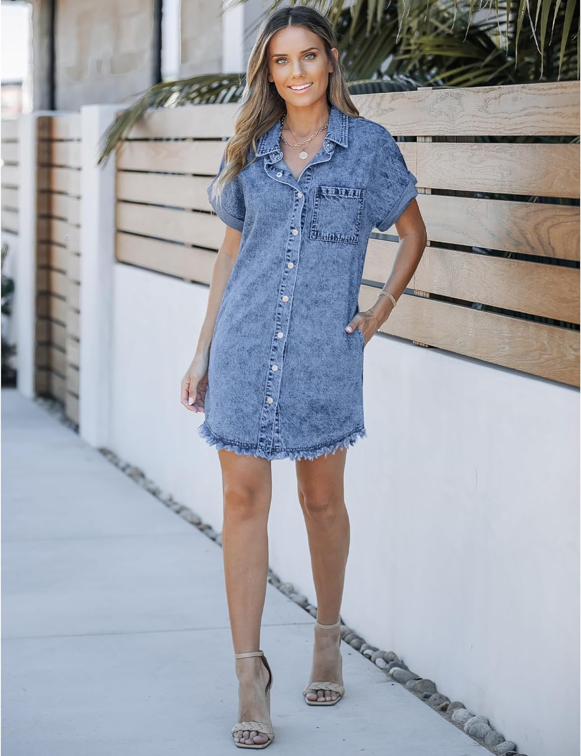 luvamia Denim Dress for Women Button Down Short Sleeves Casual Summer Jean Shirt Dresses with Pockets Frayed Hem