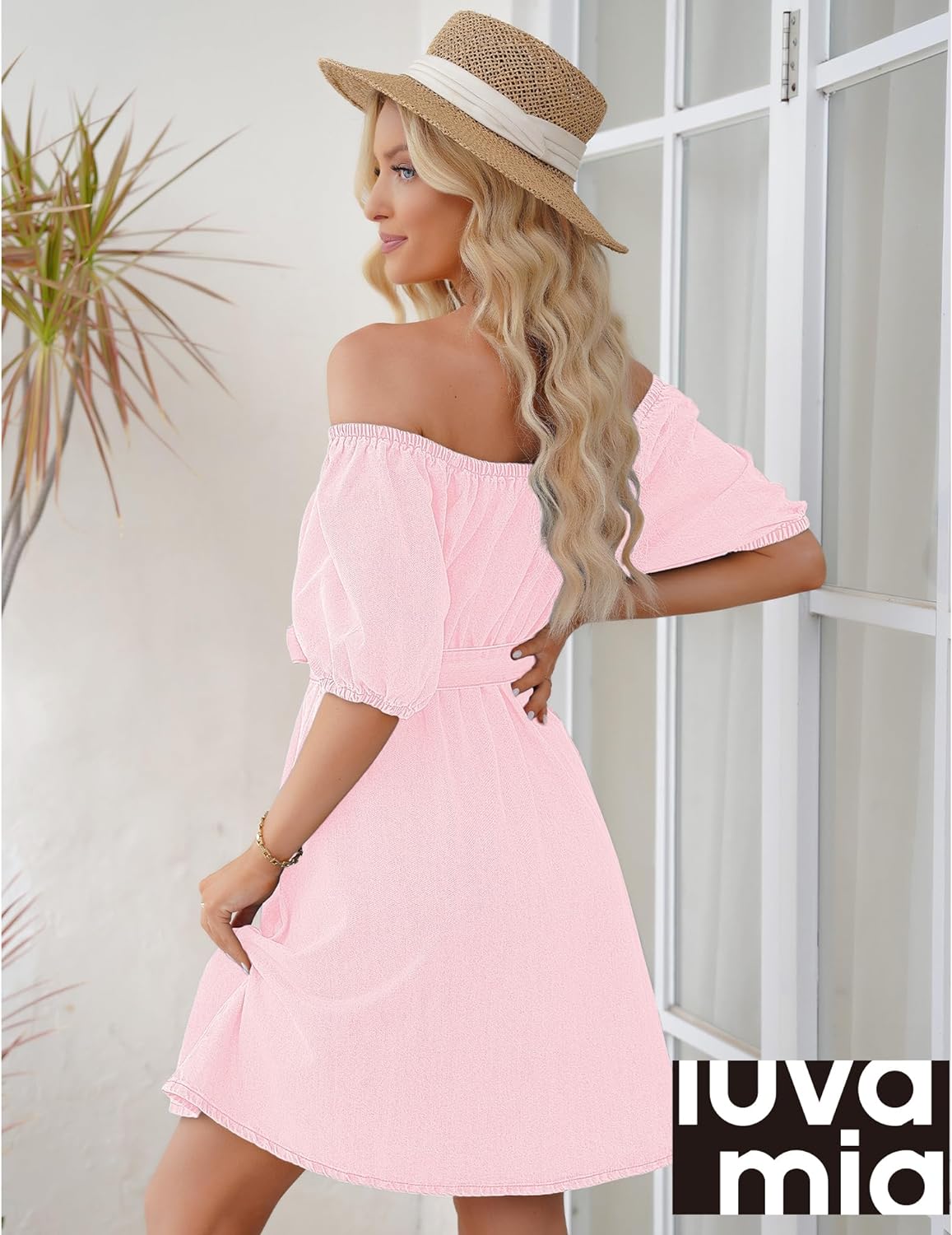 luvamia Denim Dress for Women Off The Shoulder Dresses Puff Sleeve Elastic Waist A Line Short Western Jean Dress Belted