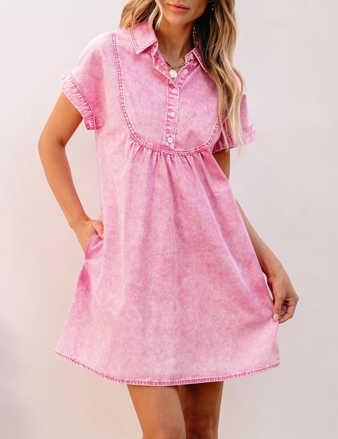 luvamia Denim Dress for Women Summer Short Sleeve Button Down Collared Pleated Western Jean Dresses with Pockets Relaxed