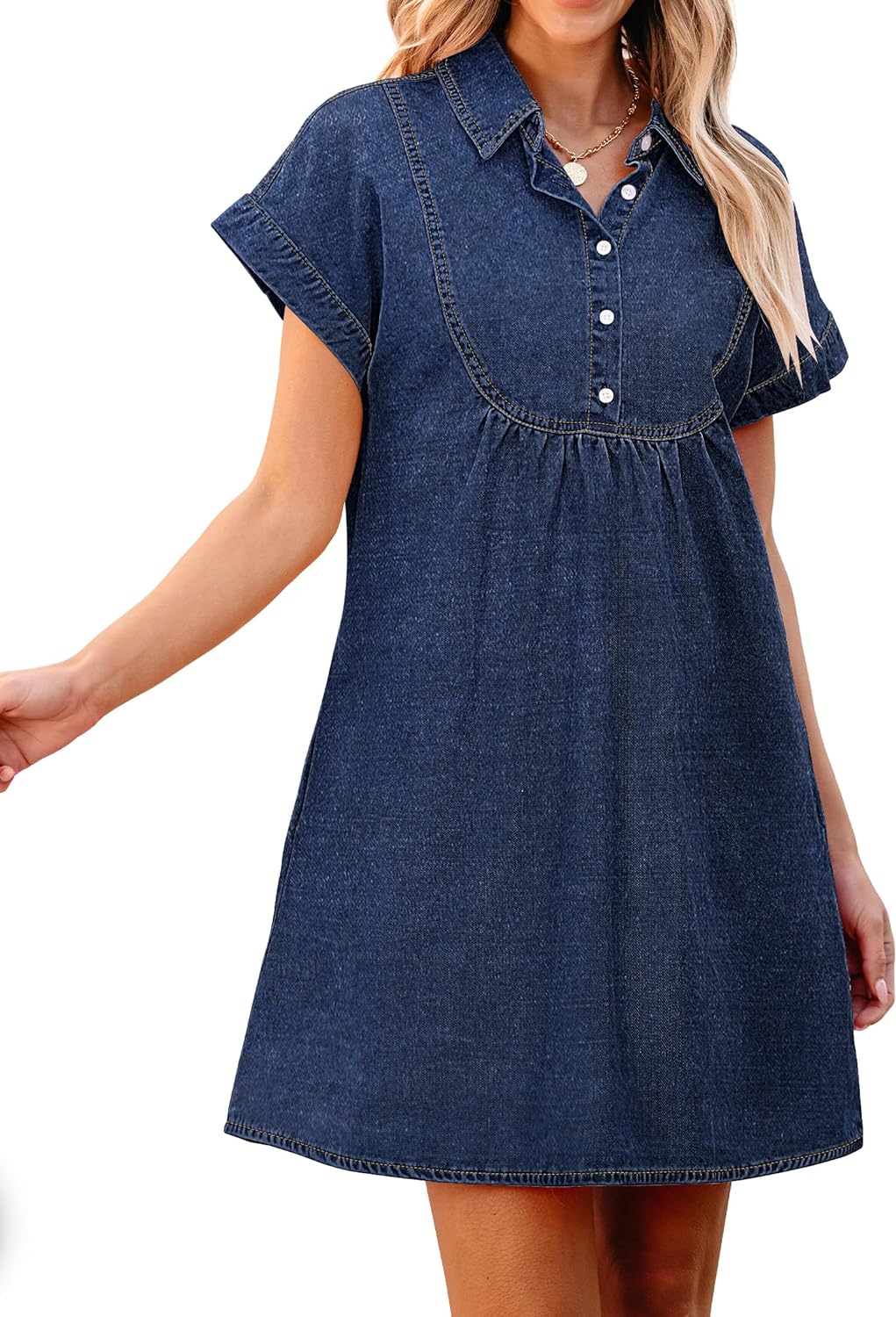 luvamia Denim Dress for Women Summer Short Sleeve Button Down Collared Pleated Western Jean Dresses with Pockets Relaxed