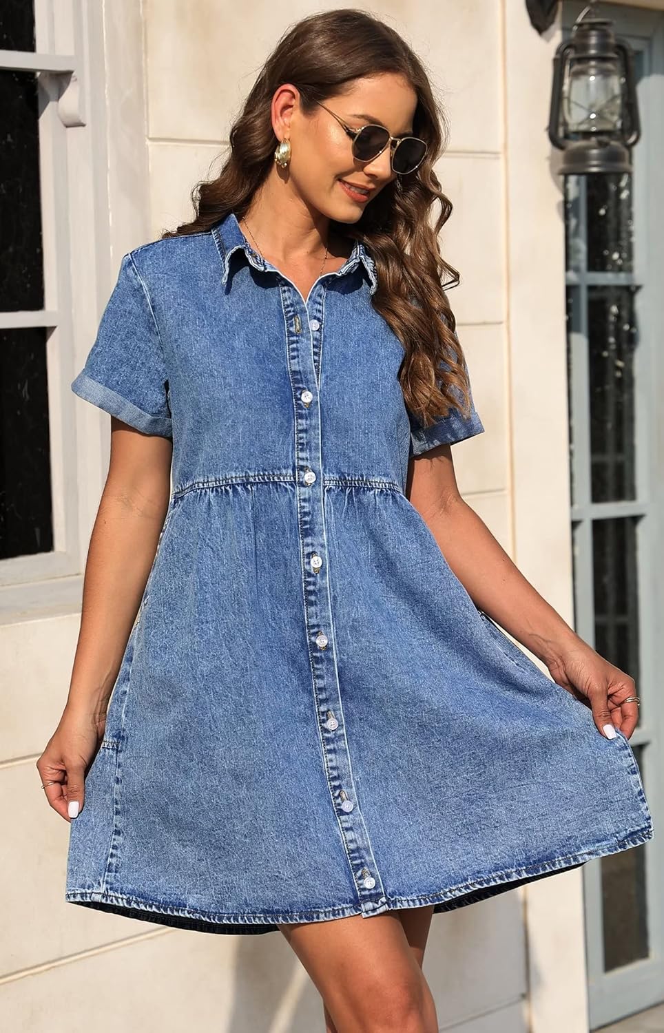 KDF Denim Dress for Women with Pockets Short Sleeve Babydoll Denim Shirt Dresses for Women 2023