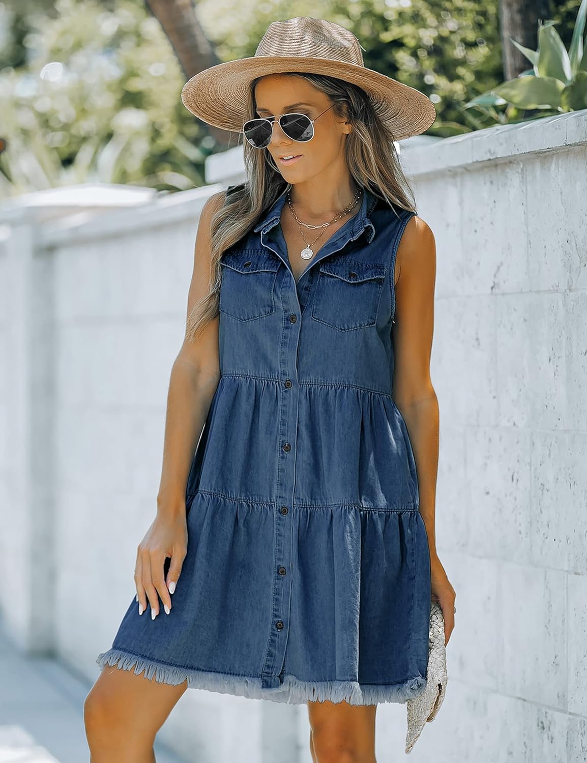 luvamia Women's Casual Summer Lapel Sleeveless Button Down Short Denim Jean Dress