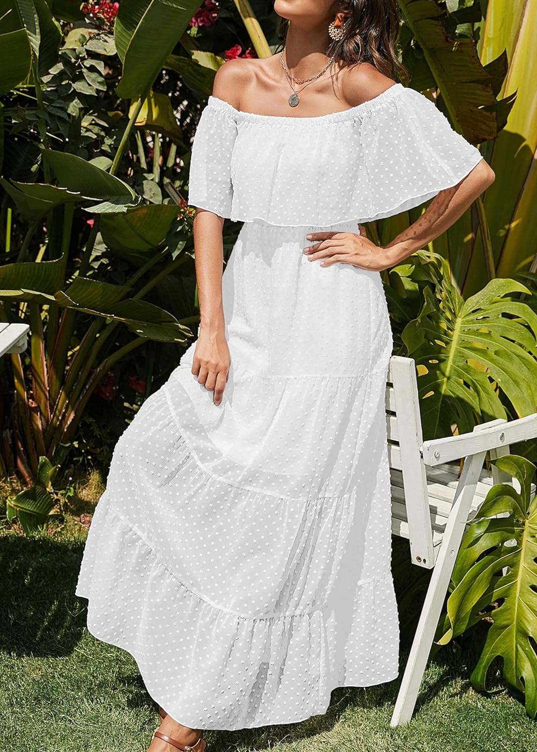 KIRUNDO Women's 2024 Summer Off Shoulder Maxi Dress Swiss Dot Short Sleeve High Waist Ruffle Tiered Flowy Long Dresses