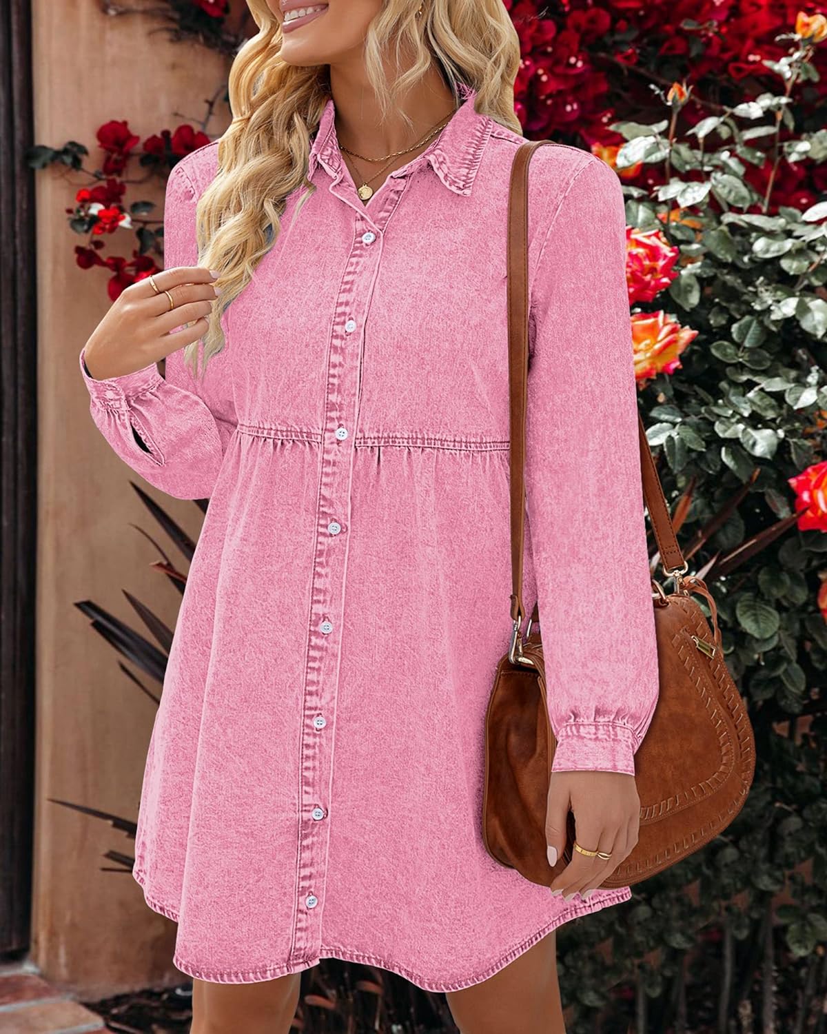 luvamia Denim Dress for Women Babydoll Flowy Cute Jean Shirt Dresses Long Sleeves