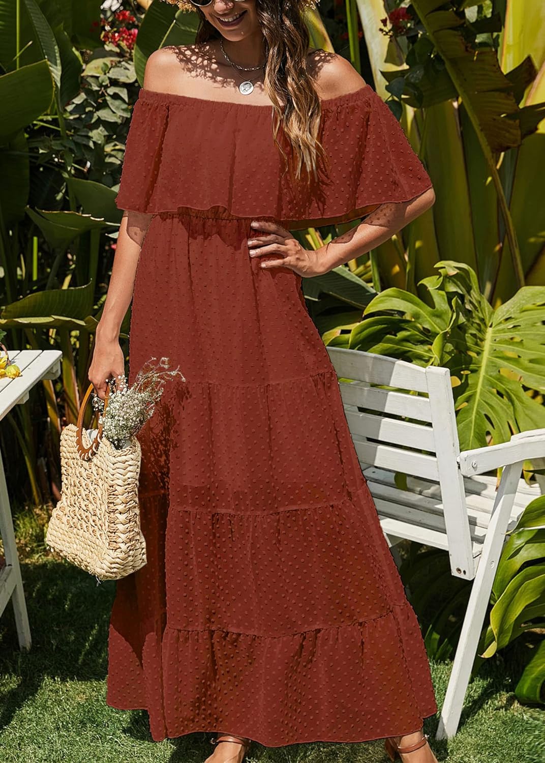 KIRUNDO Women's 2024 Summer Off Shoulder Maxi Dress Swiss Dot Short Sleeve High Waist Ruffle Tiered Flowy Long Dresses