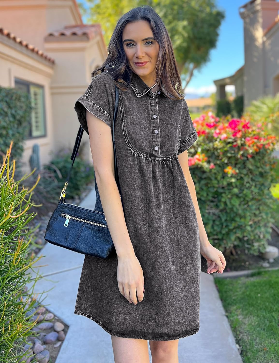 luvamia Denim Dress for Women Summer Short Sleeve Button Down Collared Pleated Western Jean Dresses with Pockets Relaxed