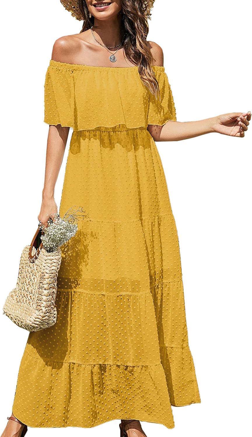 KIRUNDO Women's 2024 Summer Off Shoulder Maxi Dress Swiss Dot Short Sleeve High Waist Ruffle Tiered Flowy Long Dresses