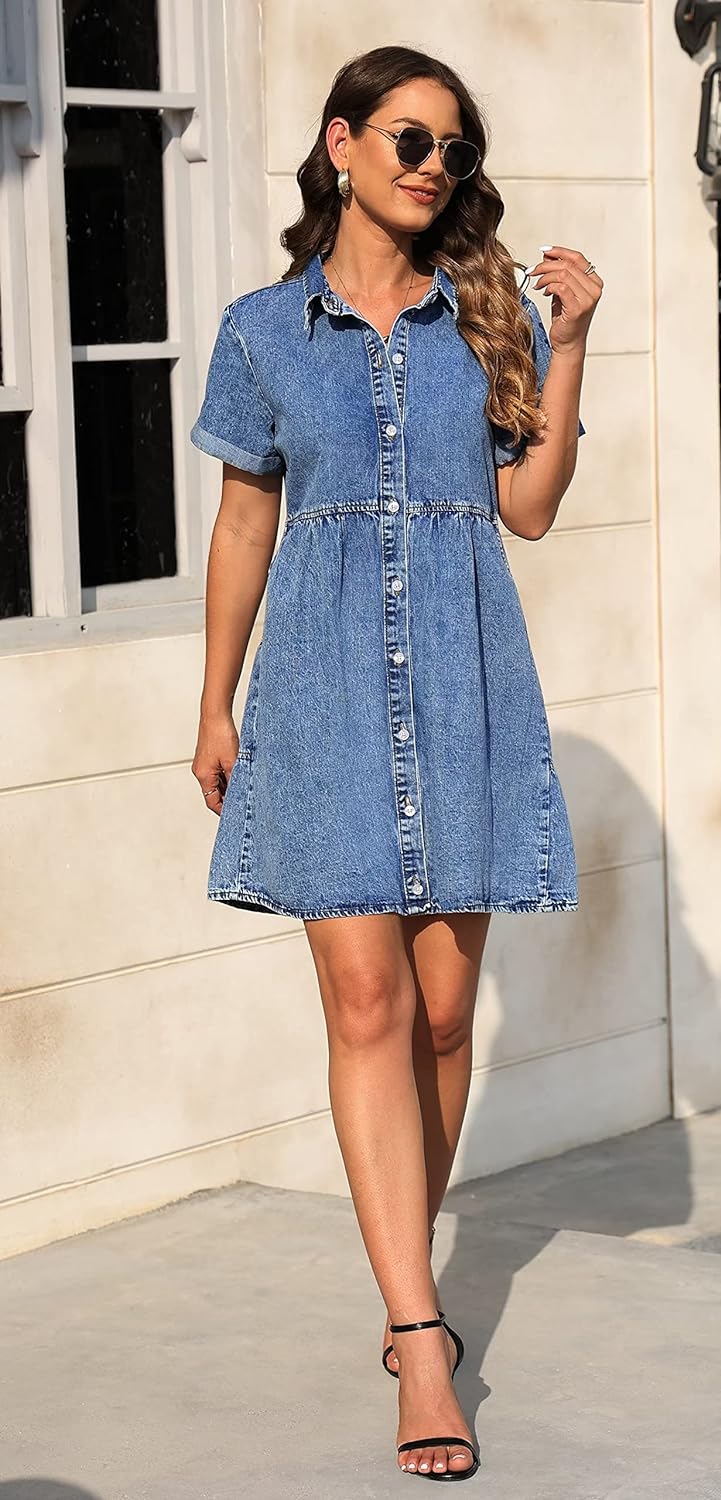 KDF Denim Dress for Women with Pockets Short Sleeve Babydoll Denim Shirt Dresses for Women 2023