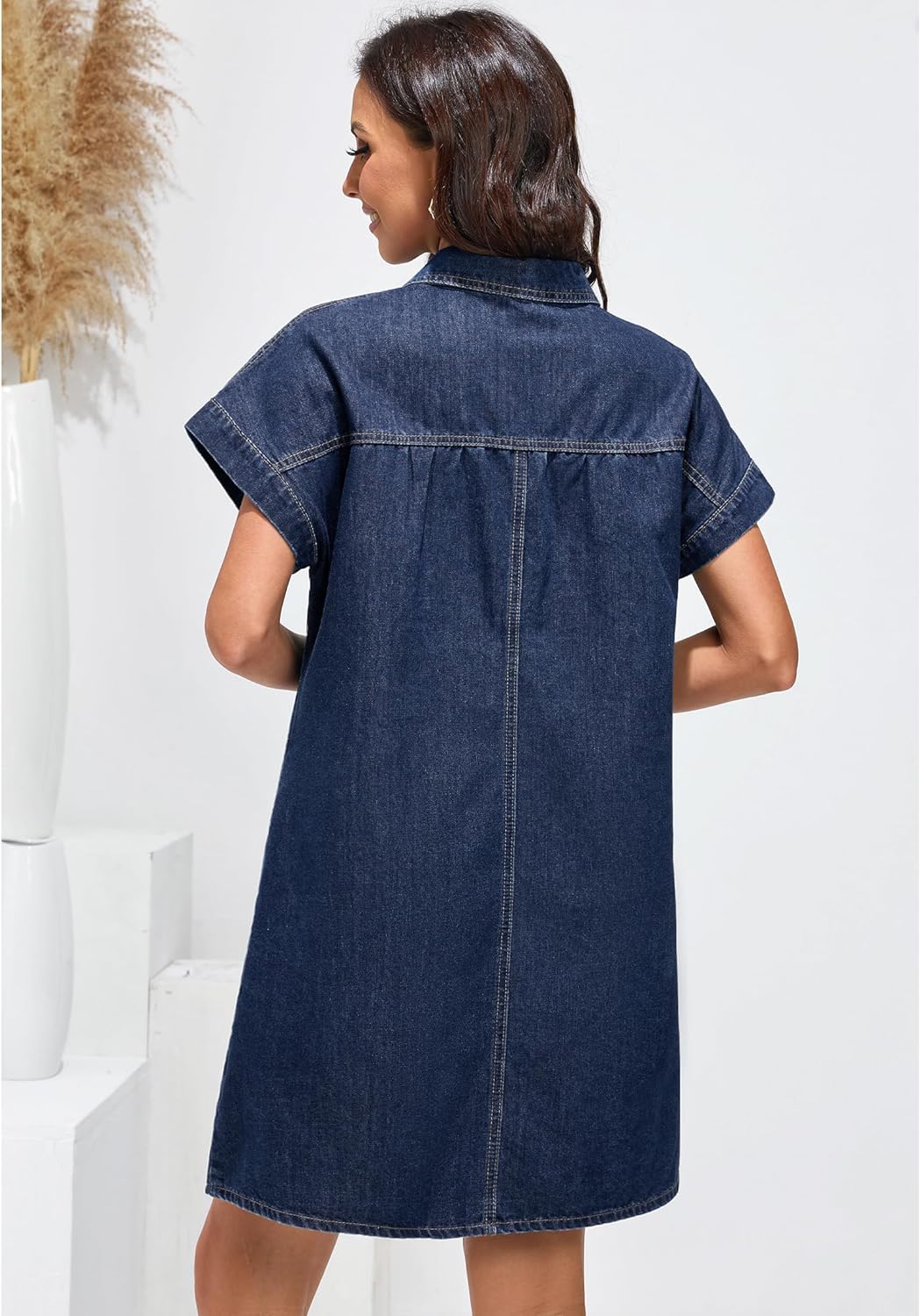 luvamia Denim Dress for Women Summer Short Sleeve Button Down Collared Pleated Western Jean Dresses with Pockets Relaxed