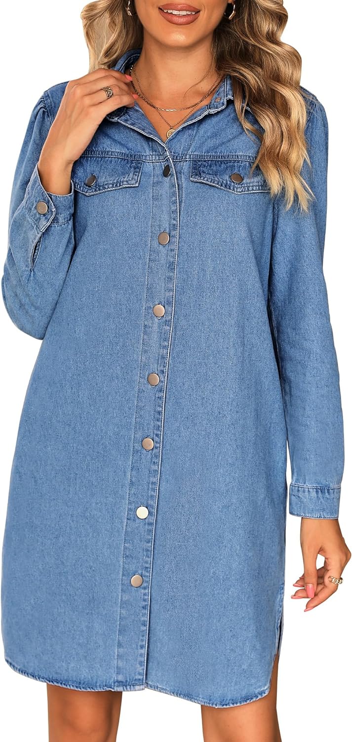 luvamia Denim Dress for Women 2024 Jean Spring Dresses Cowgirl Western Casual Long Sleeve Button Down Dress with Pockets