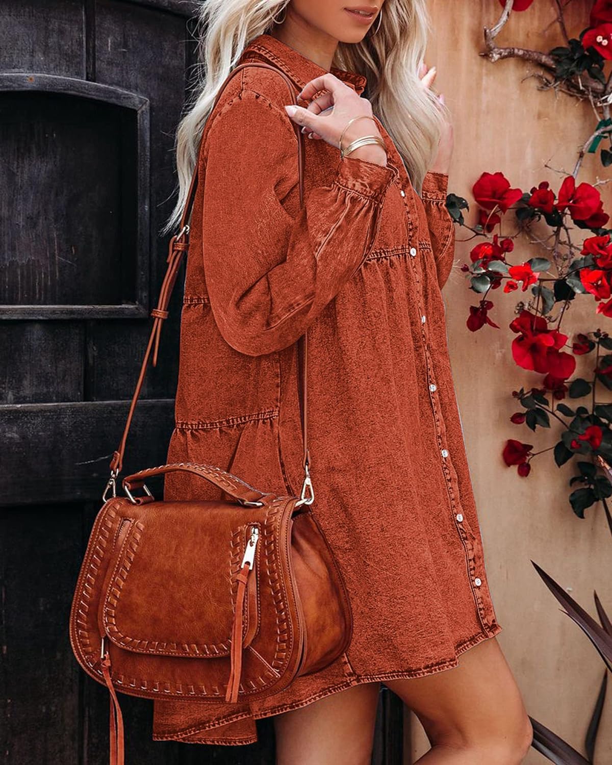 luvamia Denim Dress for Women Babydoll Flowy Cute Jean Shirt Dresses Long Sleeves