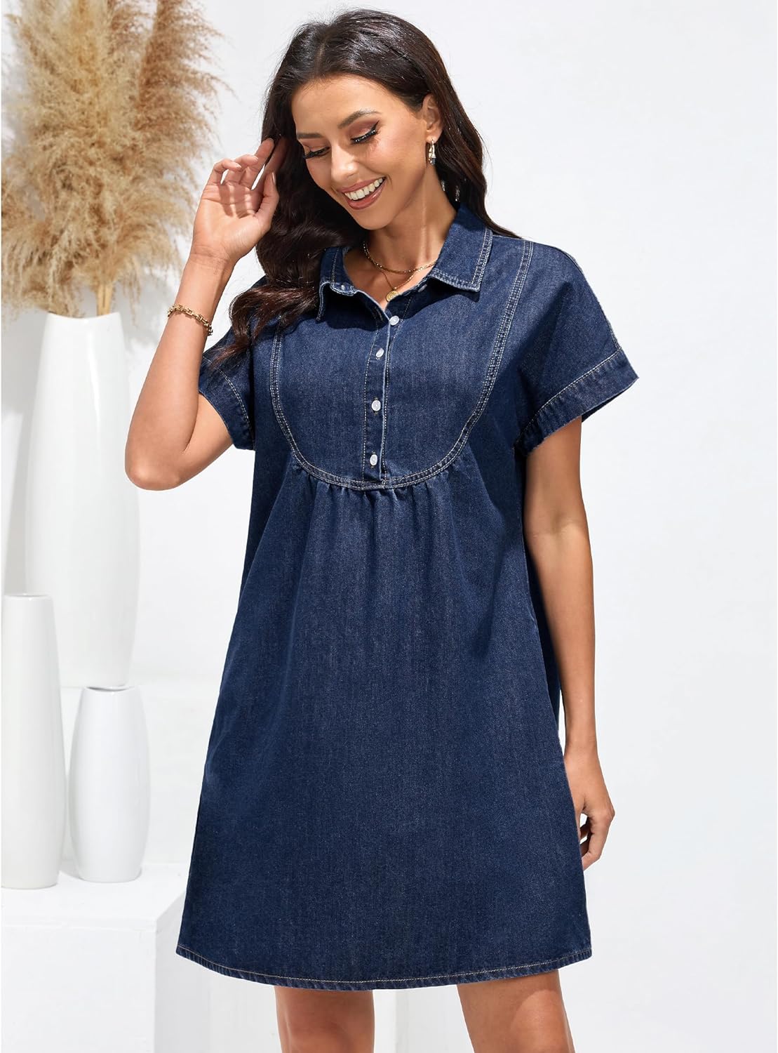 luvamia Denim Dress for Women Summer Short Sleeve Button Down Collared Pleated Western Jean Dresses with Pockets Relaxed