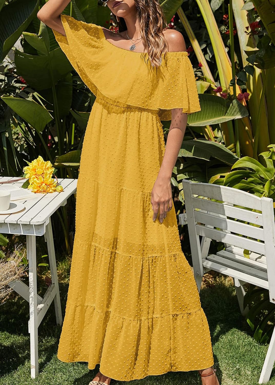 KIRUNDO Women's 2024 Summer Off Shoulder Maxi Dress Swiss Dot Short Sleeve High Waist Ruffle Tiered Flowy Long Dresses