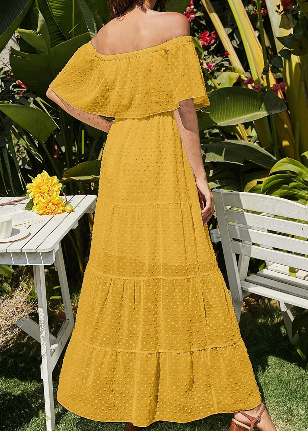 KIRUNDO Women's 2024 Summer Off Shoulder Maxi Dress Swiss Dot Short Sleeve High Waist Ruffle Tiered Flowy Long Dresses