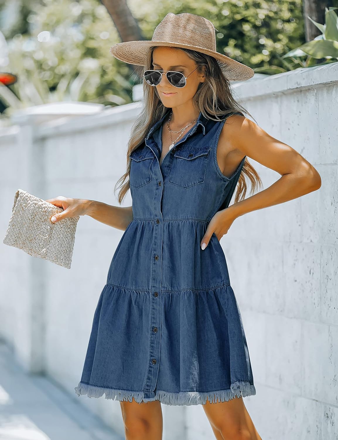 luvamia Women's Casual Summer Lapel Sleeveless Button Down Short Denim Jean Dress