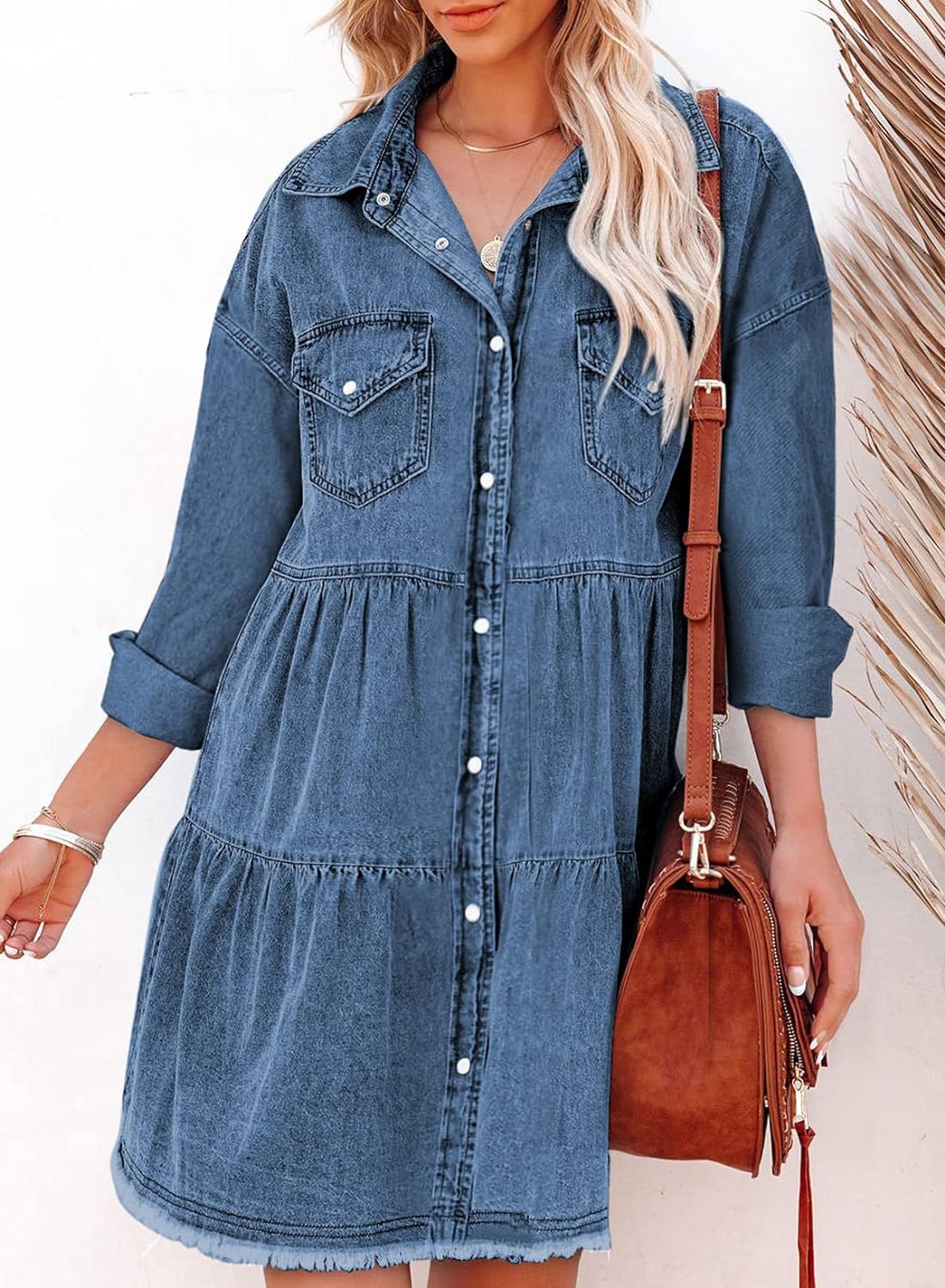 Sidefeel Womens Buttoned Frayed Pocket Short Sleeve Denim Jean Dresses