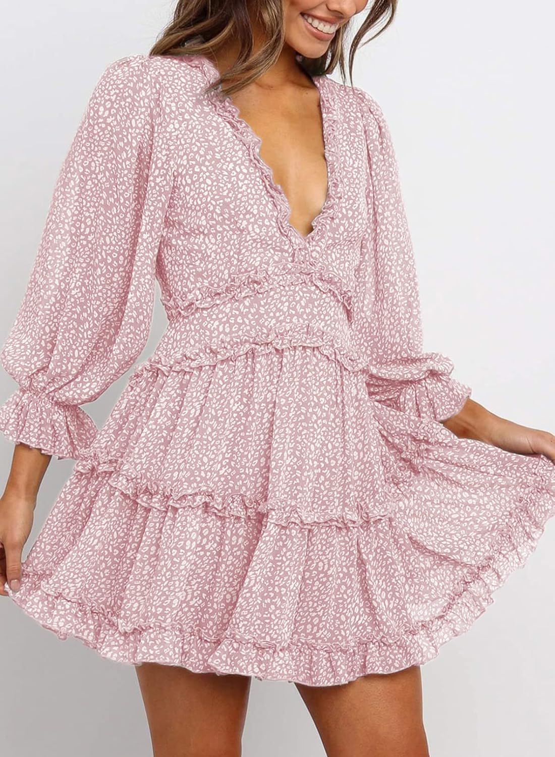 Dokotoo Womens 2024 Spring Summer Deep V Neck Ruffle Floral Flowy Mini Dress